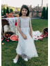 Beaded Grey Blue Tulle Ankle Length Flower Girl Dress